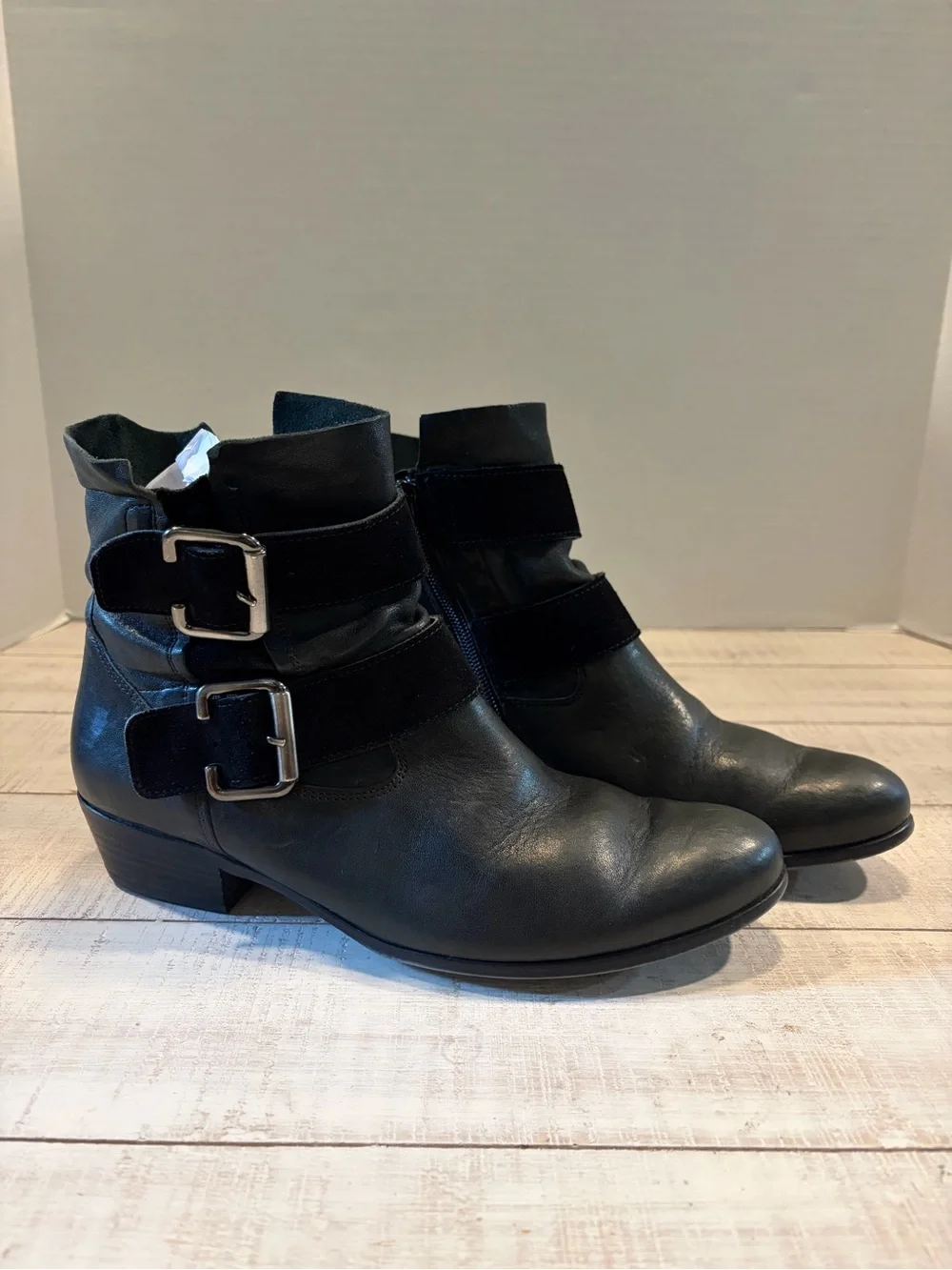 Paul Green Denver Black Leather Double Buckle Ankle Boots Size 7.5